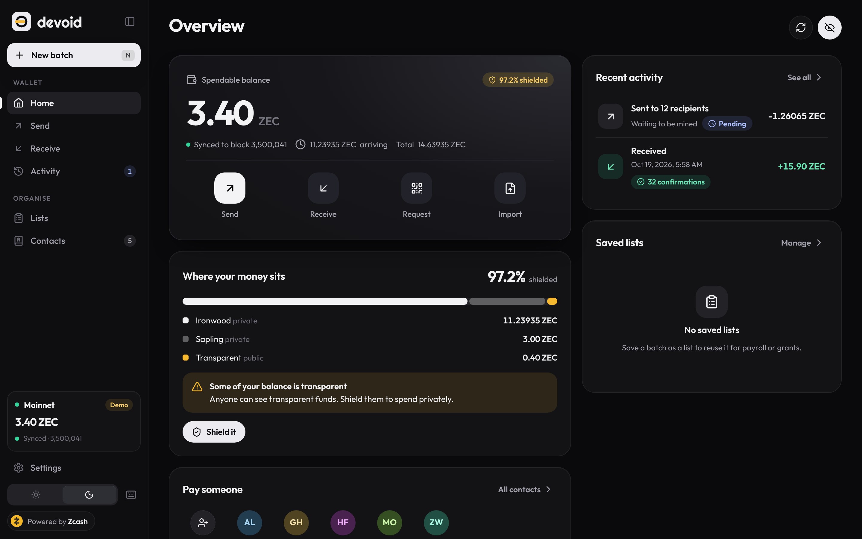 The Devoid overview: spendable balance, where the money sits across shielded and transparent pools, recent activity and contacts.