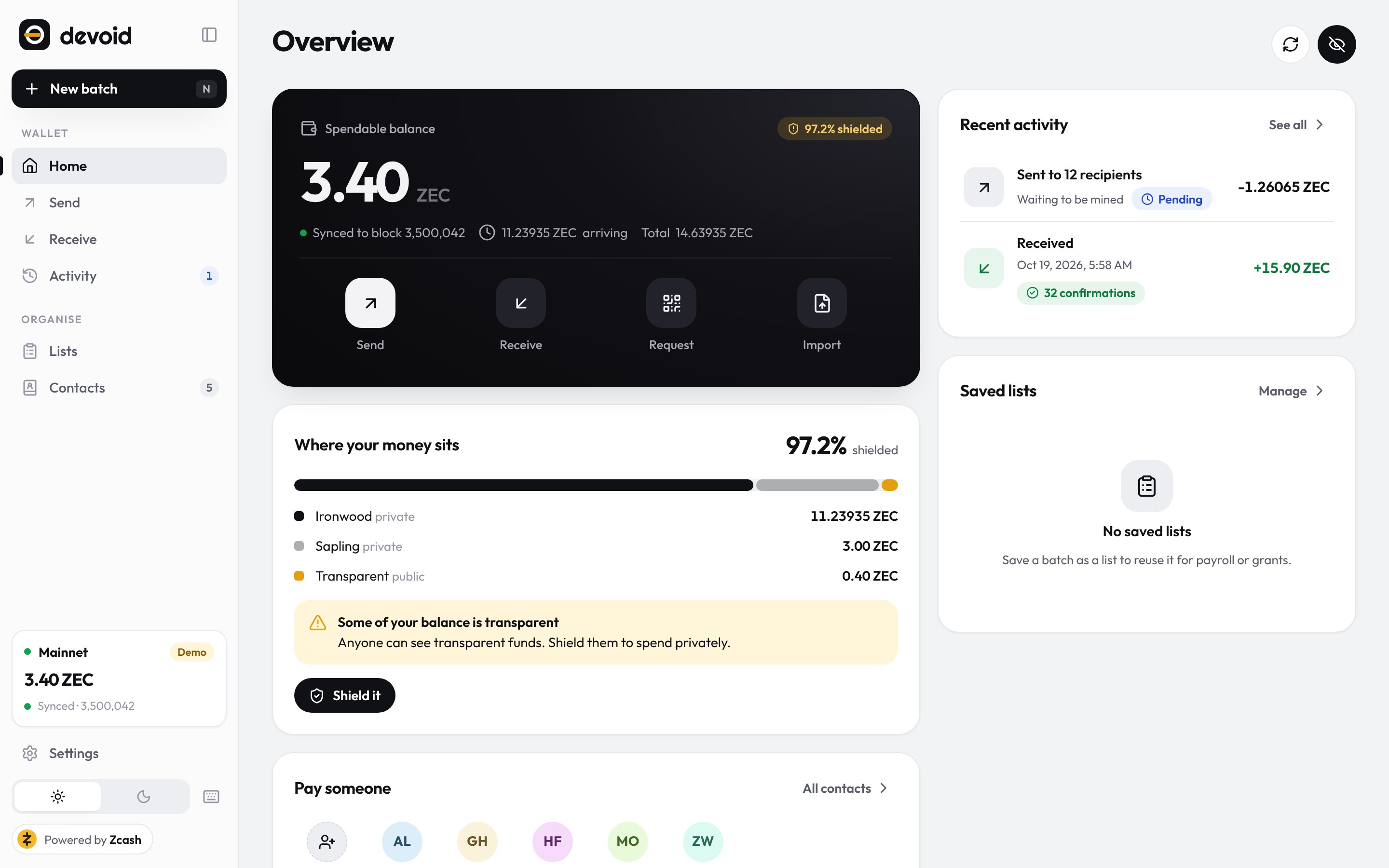 The Devoid overview: spendable balance, where the money sits across shielded and transparent pools, recent activity and contacts.