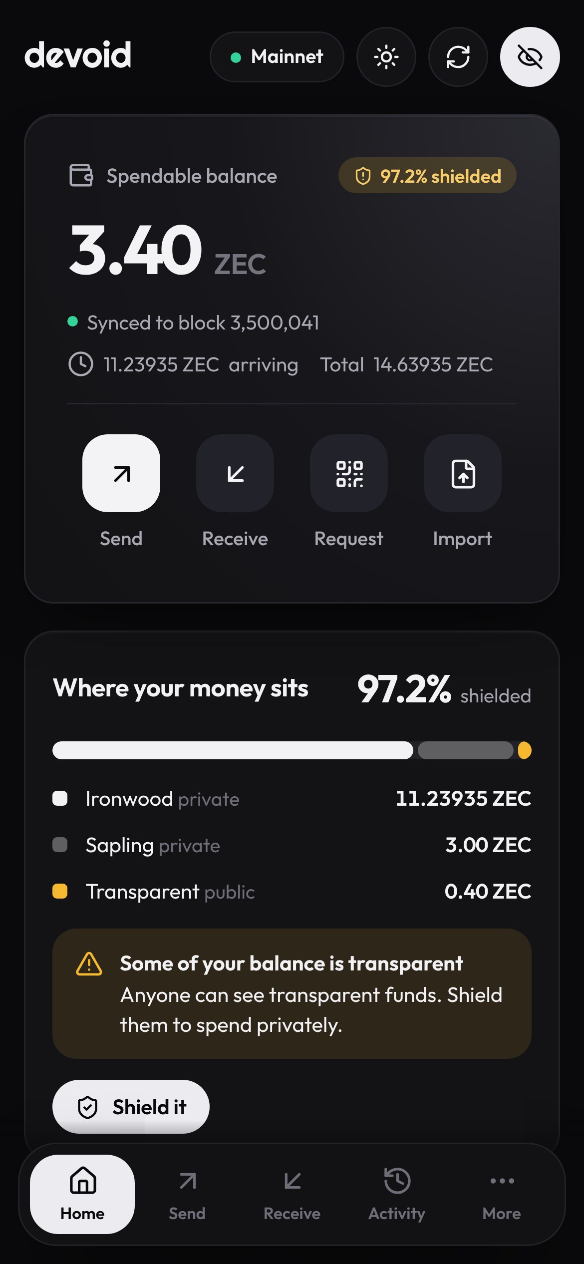 Devoid on a phone: the balance card with quick actions above the pool breakdown.