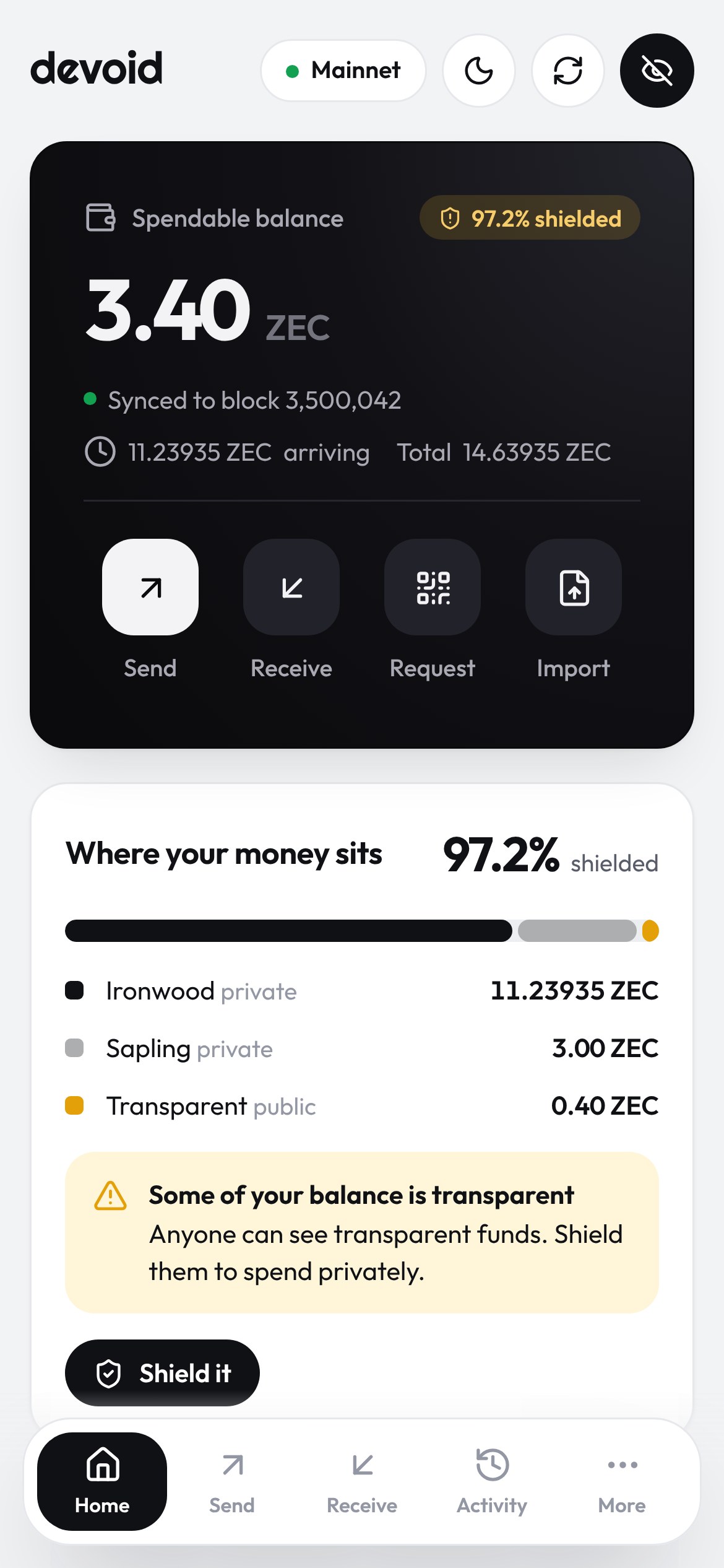 Devoid on a phone: the balance card with quick actions above the pool breakdown.
