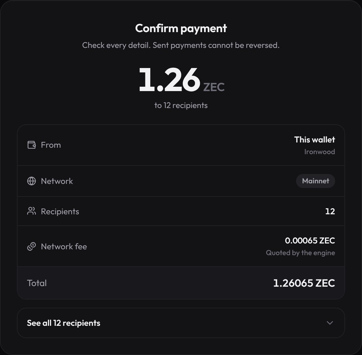 The confirm screen: 1.26 ZEC to 12 recipients, with the source pools, network, fee and total listed before signing.