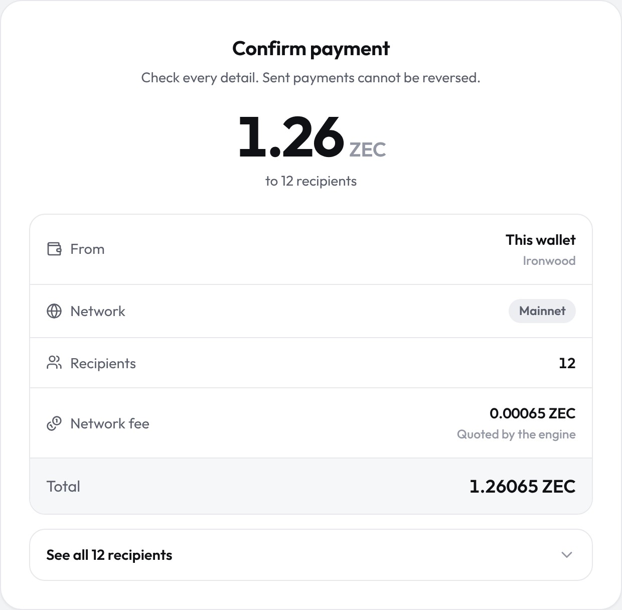 The confirm screen: 1.26 ZEC to 12 recipients, with the source pools, network, fee and total listed before signing.